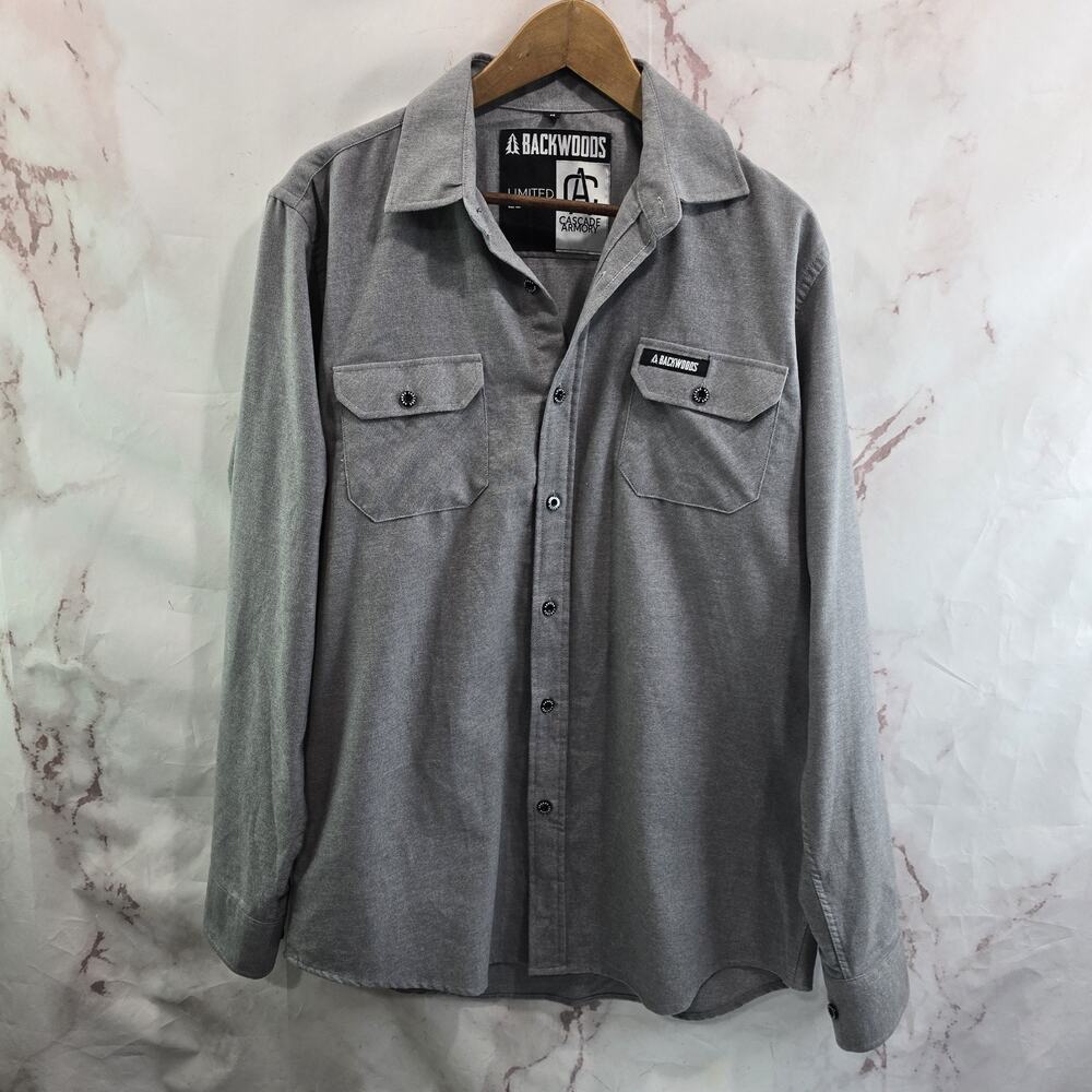 Backwoods Brewing Shirt Mens Large Gray Button Up Long Sleeve Cascade Armory